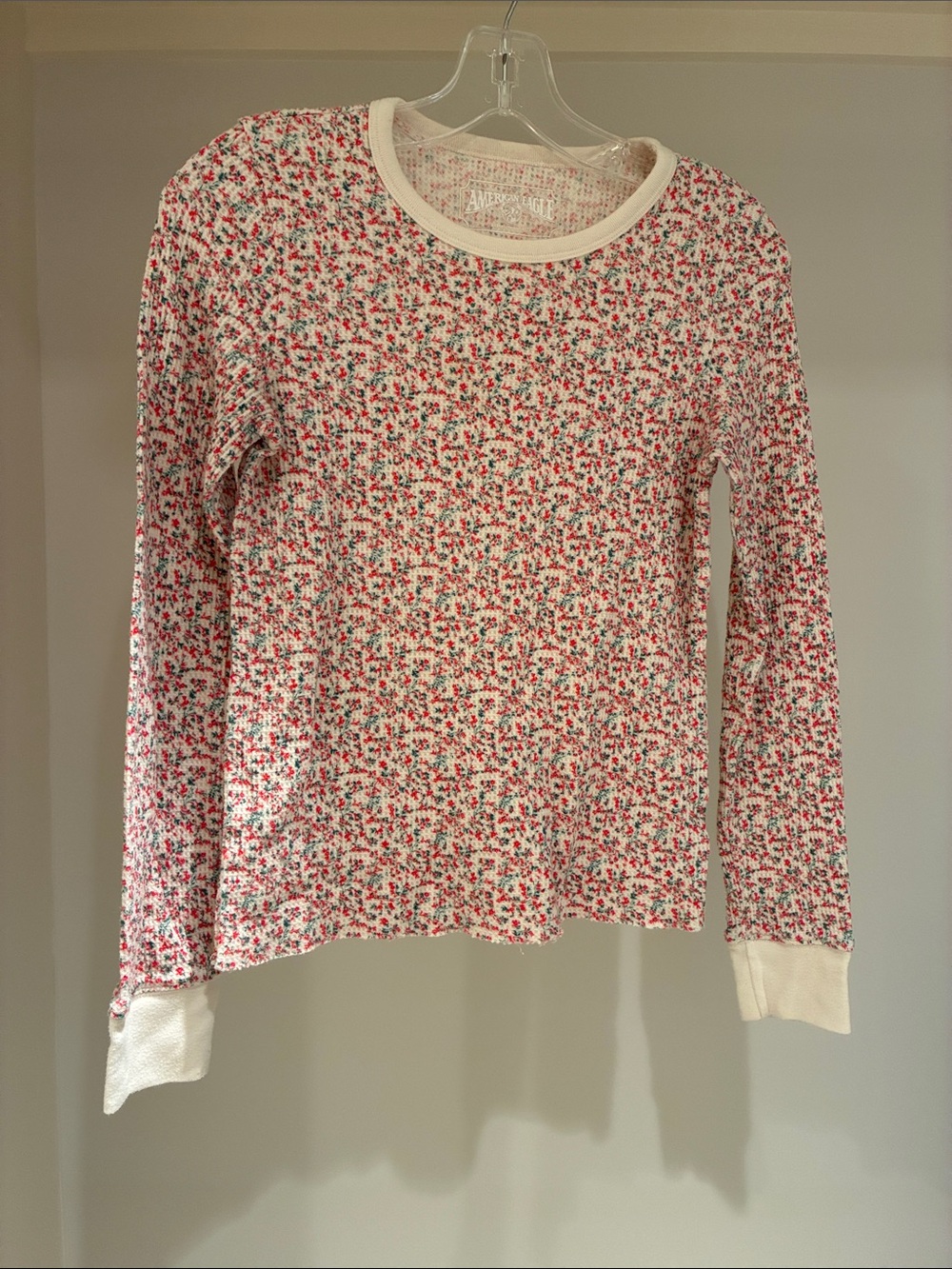 American Eagle Outfitters Pink and White Floral Thermal Long Sleeve Top